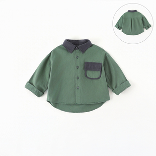 韩版 男女童长袖 撞色口袋翻领上衣AW043 外套春秋2026新款 儿童衬衫