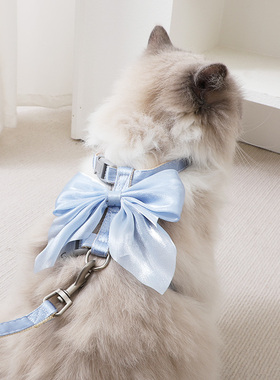 猫咪卡通牵引绳外出挣脱工字型调节宠物专用布偶蝴蝶蓝色缎面绳子