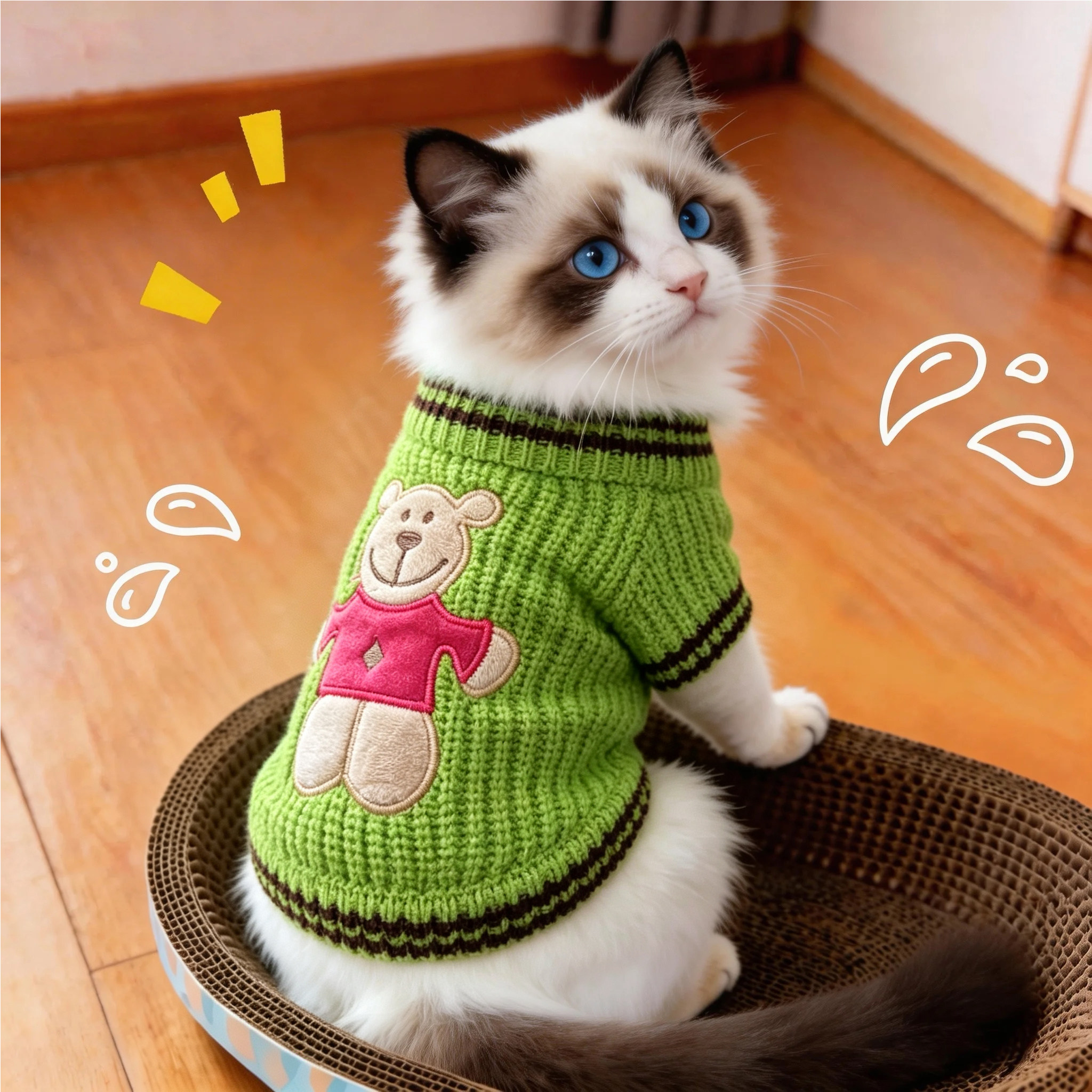 宠物秋冬季保暖猫咪衣服冬装防掉毛户外防风小熊图案舒适针织毛衣