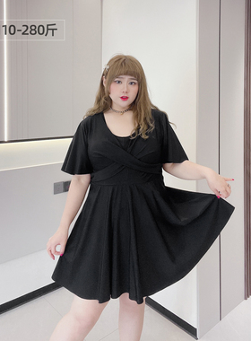 280斤大码泳衣肉嘟嘟的胖莹莹黑色弹力保守海边度假温泉连体泳装