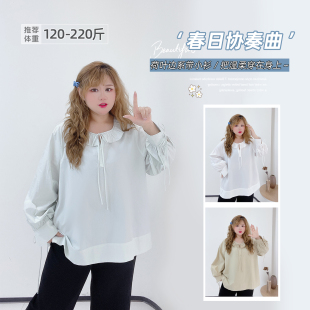 200斤胖mm娃娃领甜美浅春系绑带显瘦小衫 韩系温柔风胖莹大码 女装