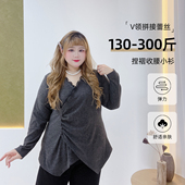 女装 纯欲V领性感掐褶蕾丝修身 收腰小衫 300斤胖莹大码 显瘦气质小衫