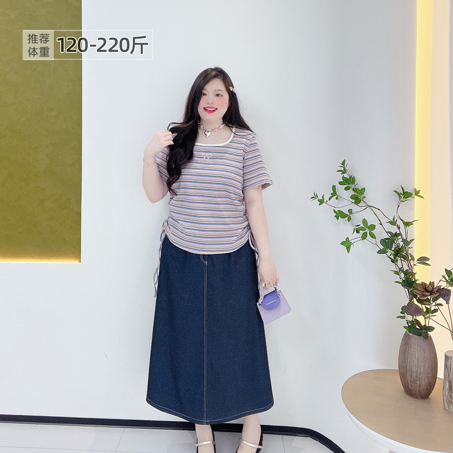 胖莹莹大码女装2025夏季韩系小众设计感刺绣条纹辣妹减龄抽绳短袖,女装/女士精品,大码半身裙,淘宝优惠券,粉丝福利购,淘宝优惠卷