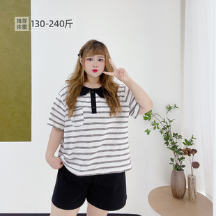短袖 胖瑩大碼 T恤 薄款 夏季 女裝 減齡休閑韓系學院風條紋翻領娃娃衫