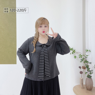 胖莹大码 韩系学院风减龄条纹系带格雷灰上衣正肩加厚遮肉T恤 女装