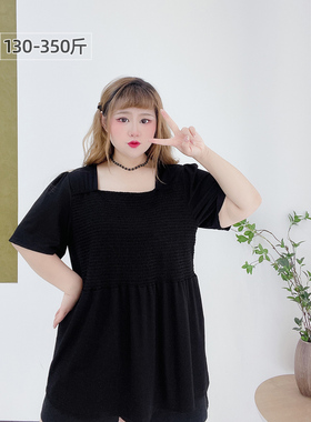 350斤胖mm黑色显瘦弹力百搭方领胖莹莹大码女装宽松短袖小衫上衣