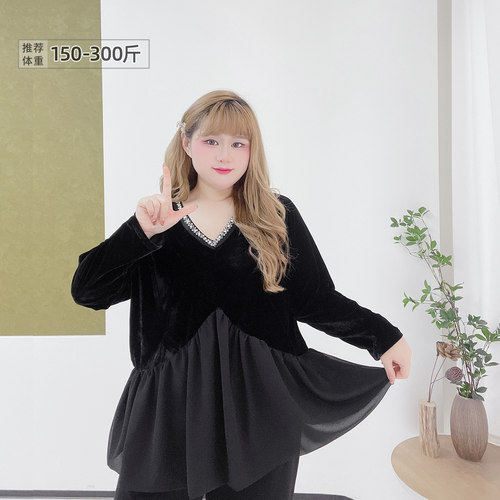 大码复古V领钉珠拼接丝绒上衣