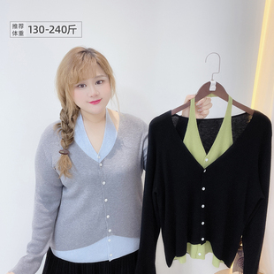 挂脖弹力显瘦针织衫 韩系纯欲风设计感撞色假两件胖莹莹大码 女装