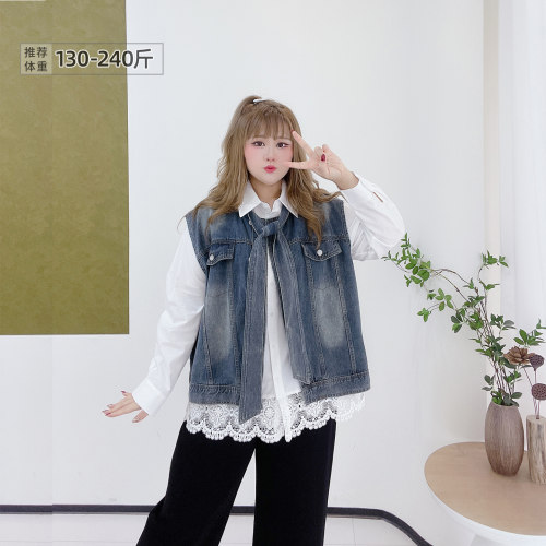 大码学院风休闲飘带牛仔马甲