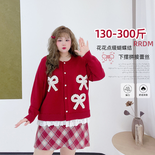 300斤胖mm新年红蕾丝拼接假两件蝴蝶结减龄针织衫 胖莹莹大码 女装