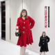 V领亮丝轻奢名媛风宽松连衣裙 新年战袍红色蝴蝶结荷叶边针织法式