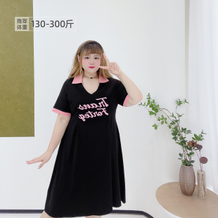 300斤胖mm韩系少女感减龄字母撞色显瘦短裙A字版 连衣裙 休闲短袖