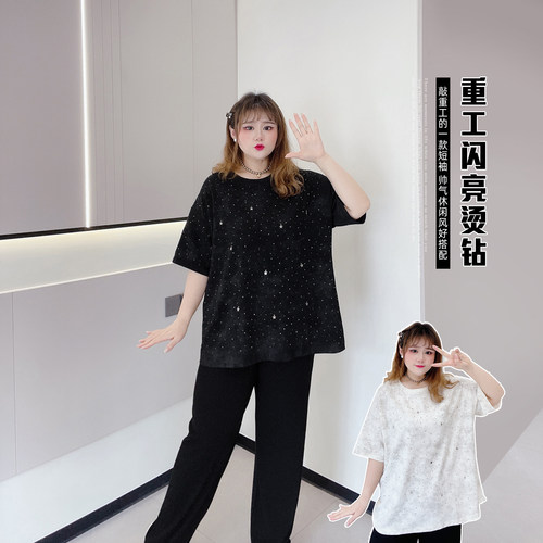 大码重工烫钻满天星百搭短袖t恤