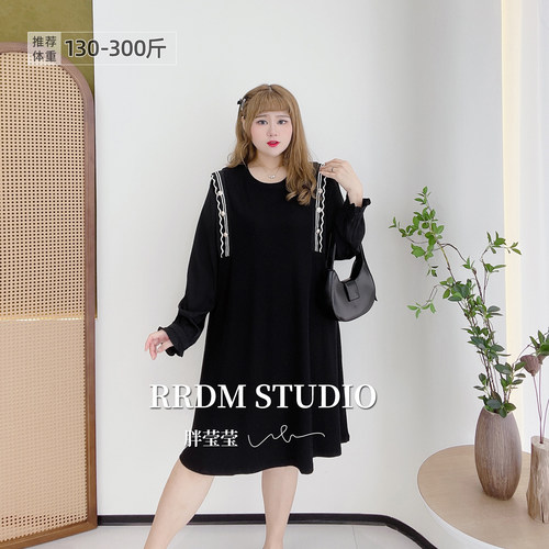 300斤大码撞色法式木耳边连衣裙