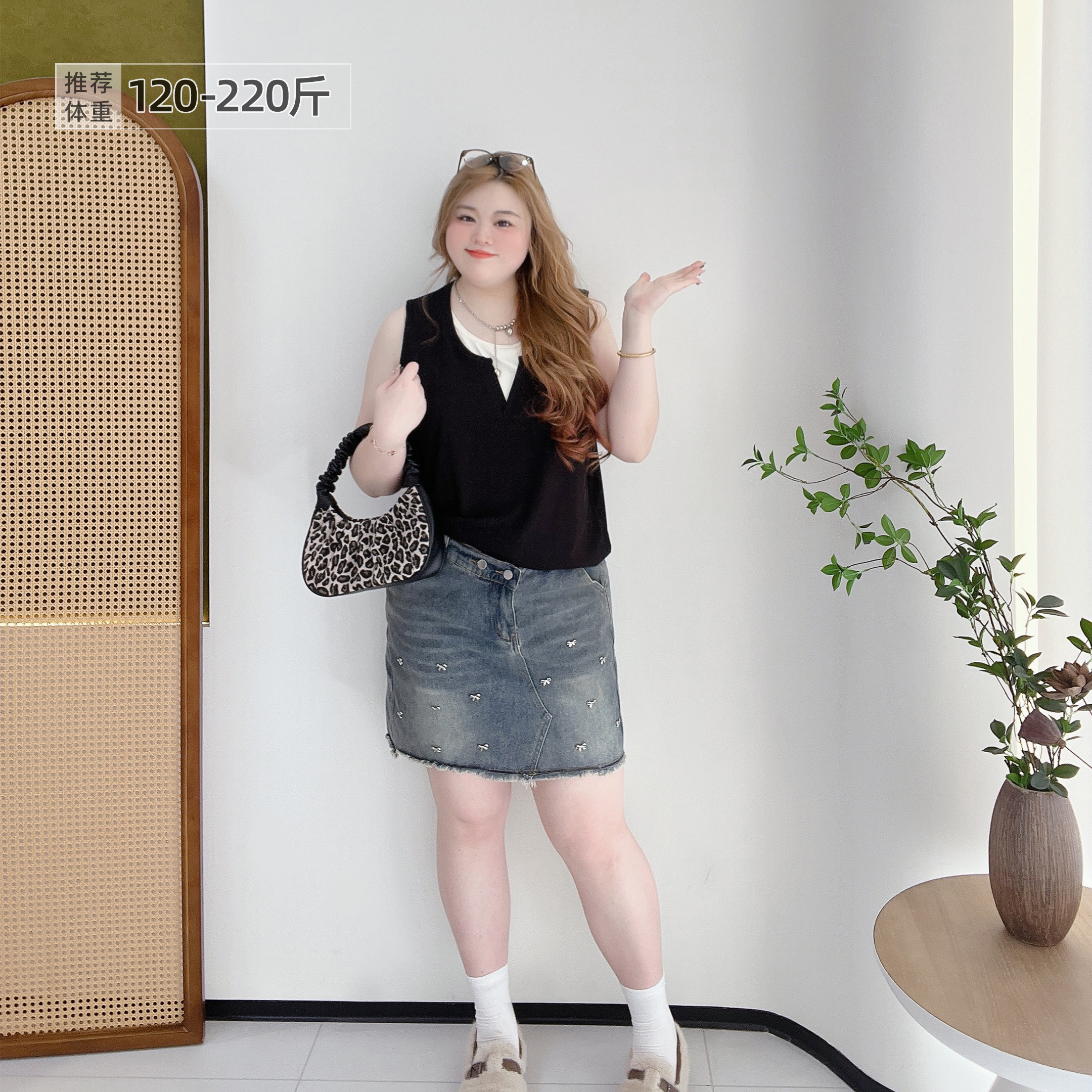 2025春夏胖莹莹大码女装韩版蝴蝶结显瘦百搭减龄遮肉牛仔半身裙