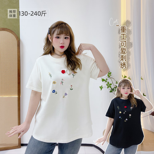 大码宽松减龄鲜花刺绣圆领t恤