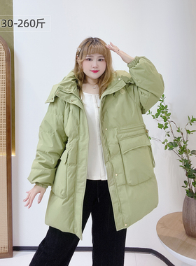 300斤胖莹莹大码女装胖mm加厚东北抗寒收腰显瘦中长款连帽羽绒服