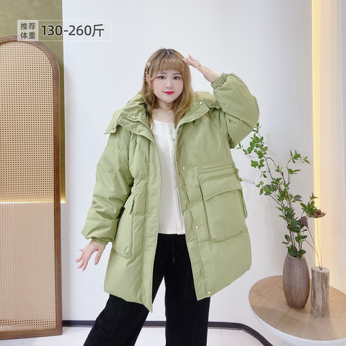 大码收腰宽松加厚连帽羽绒服