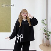 350斤胖莹莹大码 V领蝴蝶结蕾丝设计感宽松黑色遮肉显瘦卫衣 女装