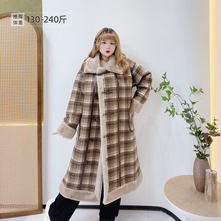 外套 加厚格子保暖仿皮毛一体棉服长款 学院风牛角扣胖莹莹大码 女装