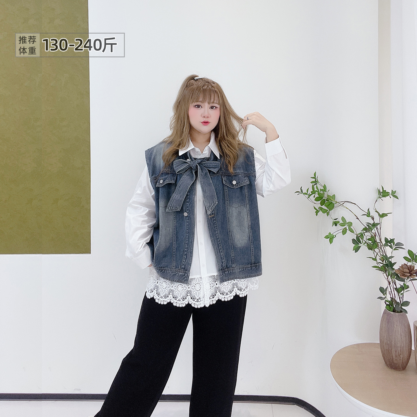 大码宽松设计感飘带牛仔马甲