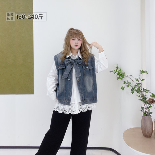 大码宽松设计感飘带牛仔马甲