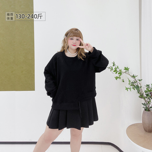 胖莹莹大码 200斤辣妹韩系减龄设计感不规则抽绳黑色圆领卫衣 女装