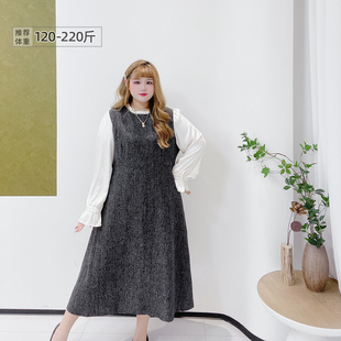 2025秋冬胖莹莹大码女装小香气质撞色假两件名媛风拼色显瘦连衣裙