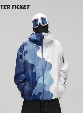 WinterTicket双单板自由式OVERSIZE宽大嘻哈蓝白山纹3L夹克滑雪服