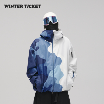 WinterTicket双单板自由式OVERSIZE宽大嘻哈蓝白山纹3L夹克滑雪服