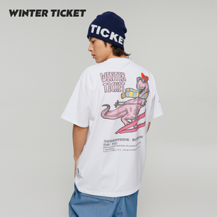WINTERTICKET 2627新品自由式宽大嘻哈男女T恤圆领恐龙印花短袖