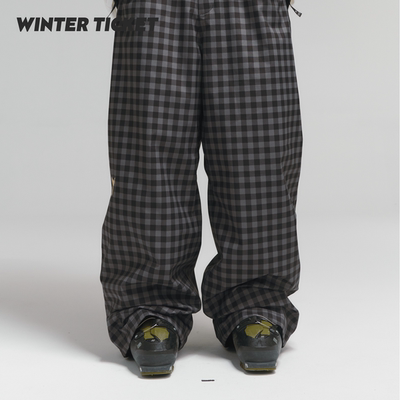 WinterTicket新款宽大嘻哈Oversize单双板自由式黑灰格纹滑雪裤子