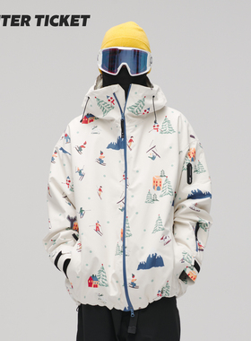 WinterTicket双单板自由式OVERSIZE宽大嘻哈米色插画3L夹克滑雪服