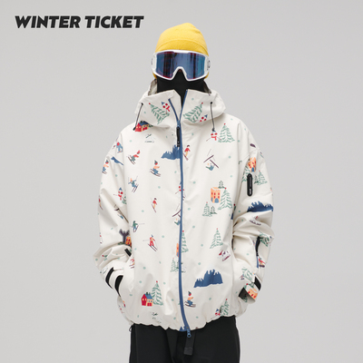 WinterTicket双单板自由式OVERSIZE宽大嘻哈米色插画3L夹克滑雪服