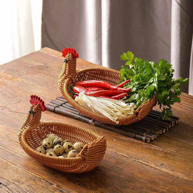 复古水果篮仿藤手工编织零食筐收纳筐火锅店个性防潮菜篮公鸡造型