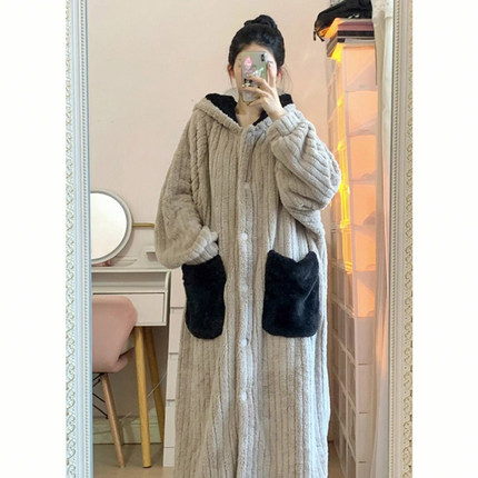 连帽睡袍长款加厚加绒2024新款睡衣女款冬季珊瑚绒家居服套装冬天