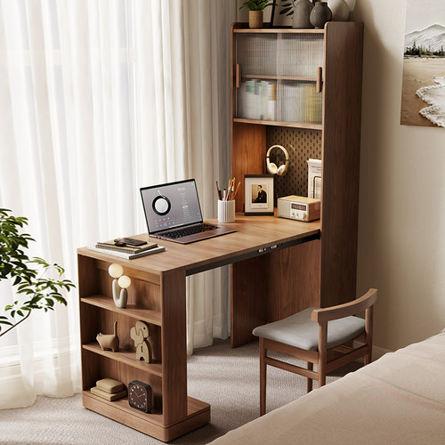 折叠书桌书柜一体实木转角书桌家用儿童学习桌小户型书房办公桌子
