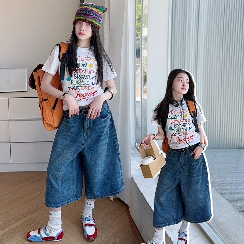 女童短袖七分裤夏装2026新款儿童韩系超好看气质宽松牛仔马裤套装