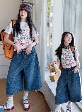 女童短袖七分裤夏装2026新款儿童韩系超好看气质宽松牛仔马裤套装