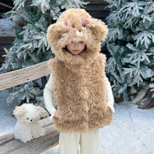 女童小熊耳朵马甲连帽毛毛外套2025冬新款仿羊羔毛绒马夹坎肩背心