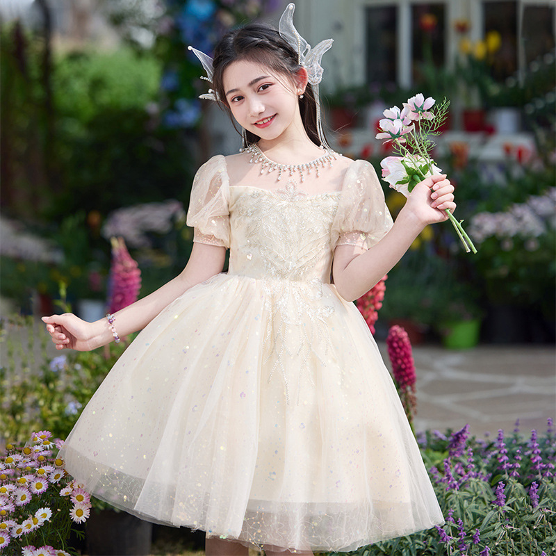 香槟色女童短袖连衣裙2025年夏季花童中大童礼服公主裙儿童表演