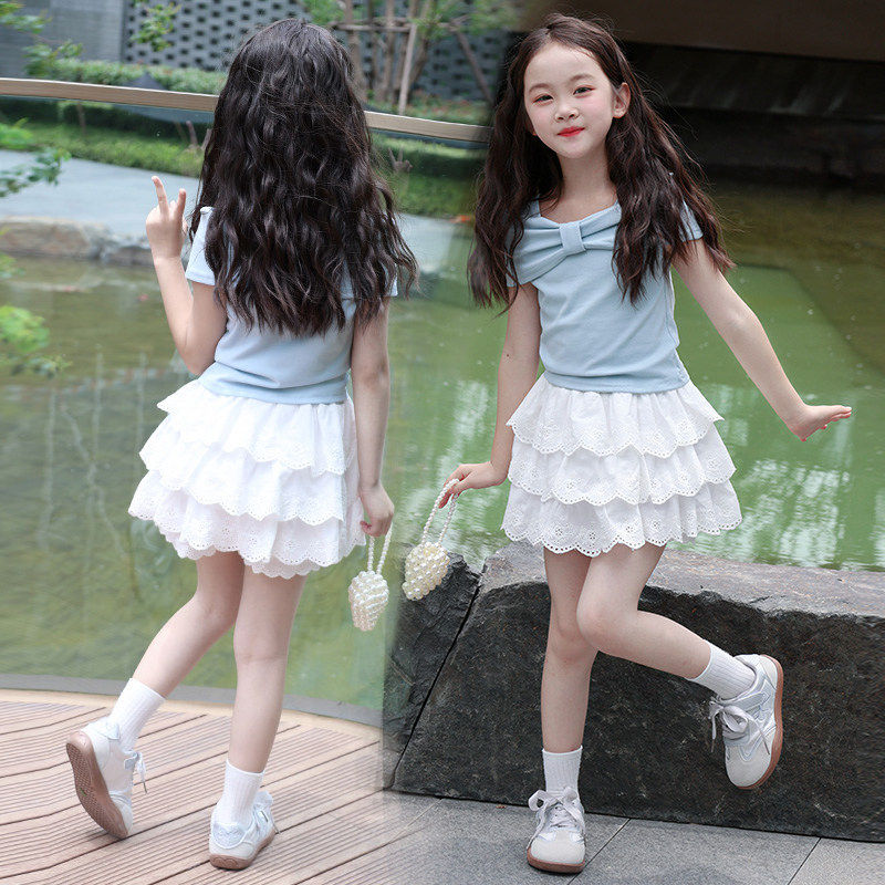 女童套装2026新款夏T恤上衣+半身裙儿童短裙韩系花边蛋糕裙两件套