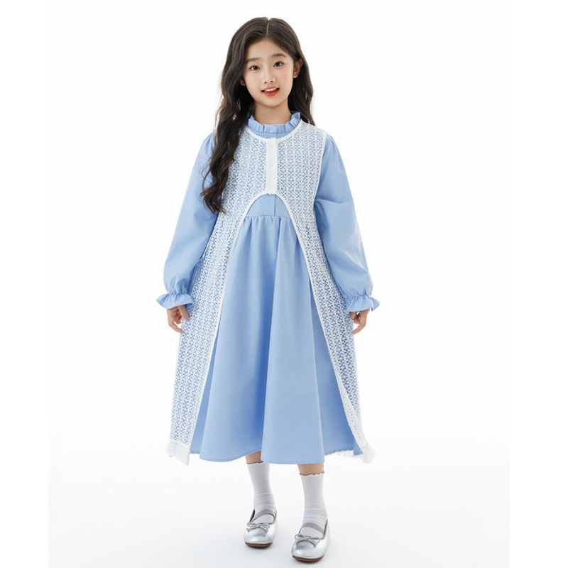 女童叠穿连衣裙套装2025春秋新款中大童镂空罩衫长款蓝色淑女裙子