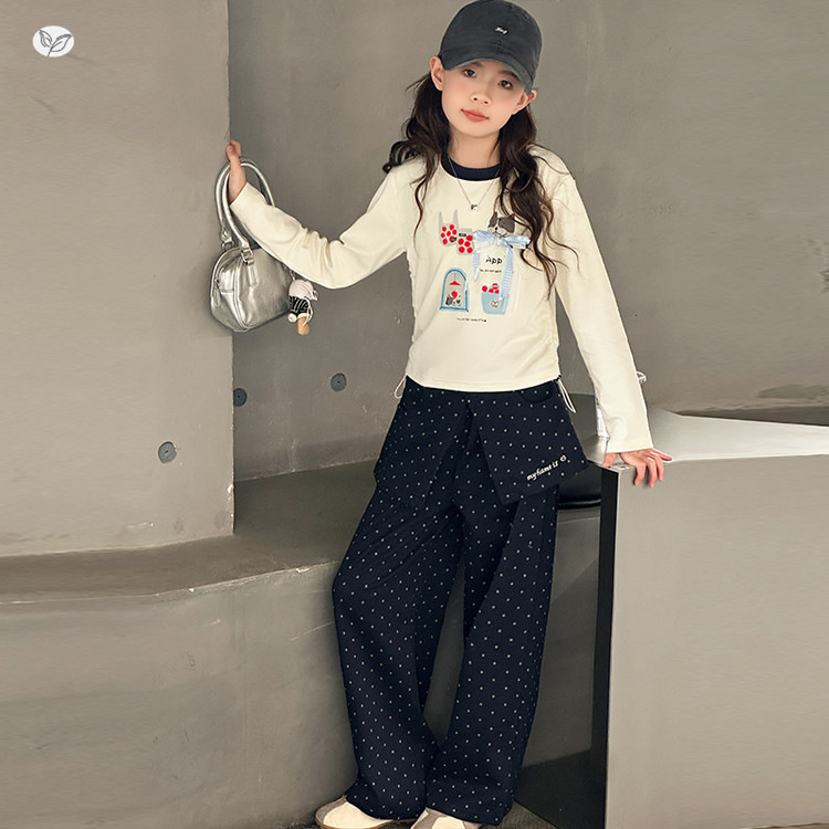 女童2025年秋季拼色辣妹波点屁帘长裤套装儿童时髦长袖修身显瘦12