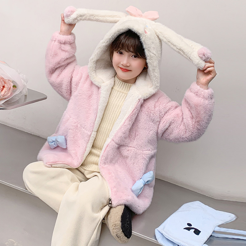 女童兔耳朵外套加绒加厚毛衣