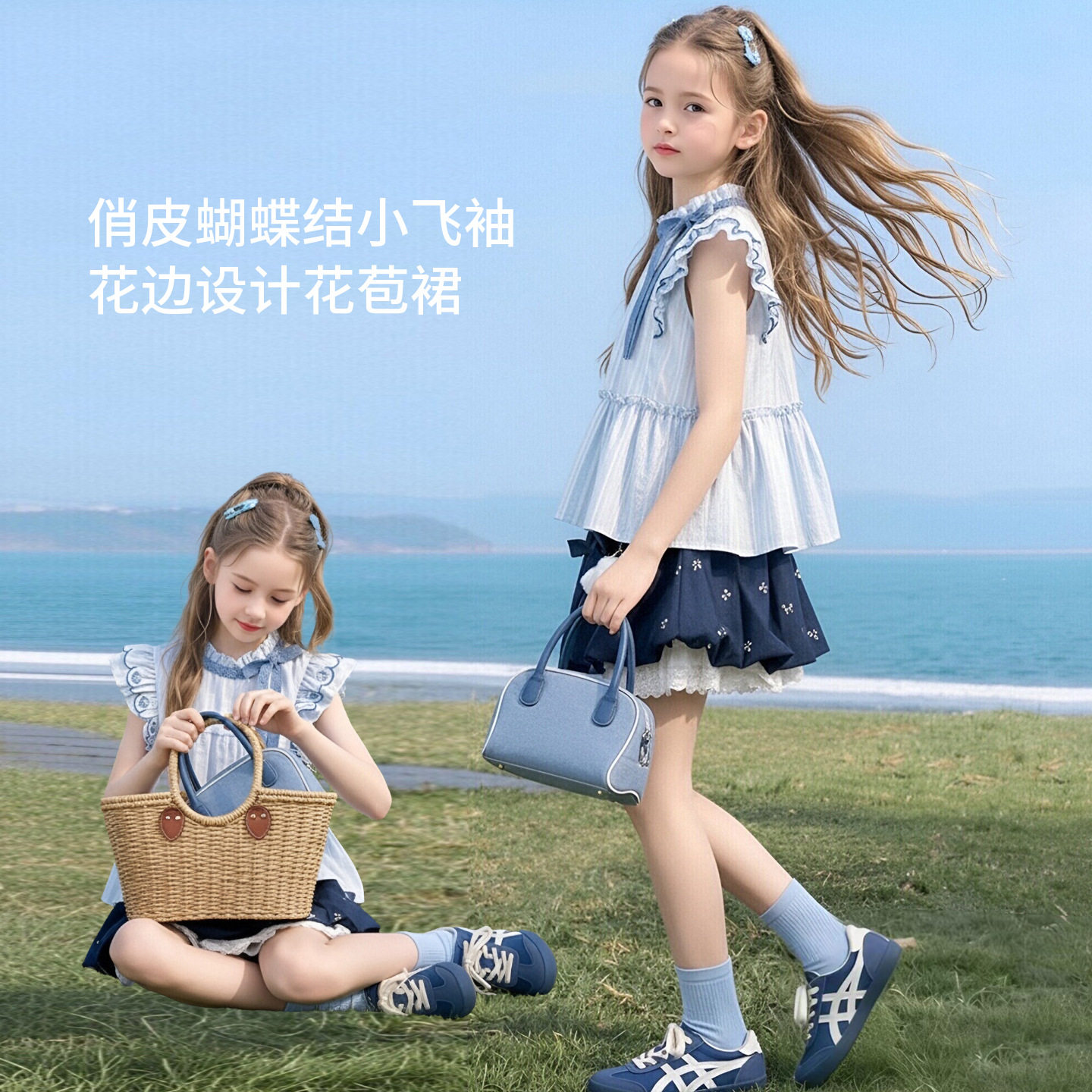 女童套装2026夏季新款巨好看儿童刺绣飞袖俏皮韩系花苞短裙两件套