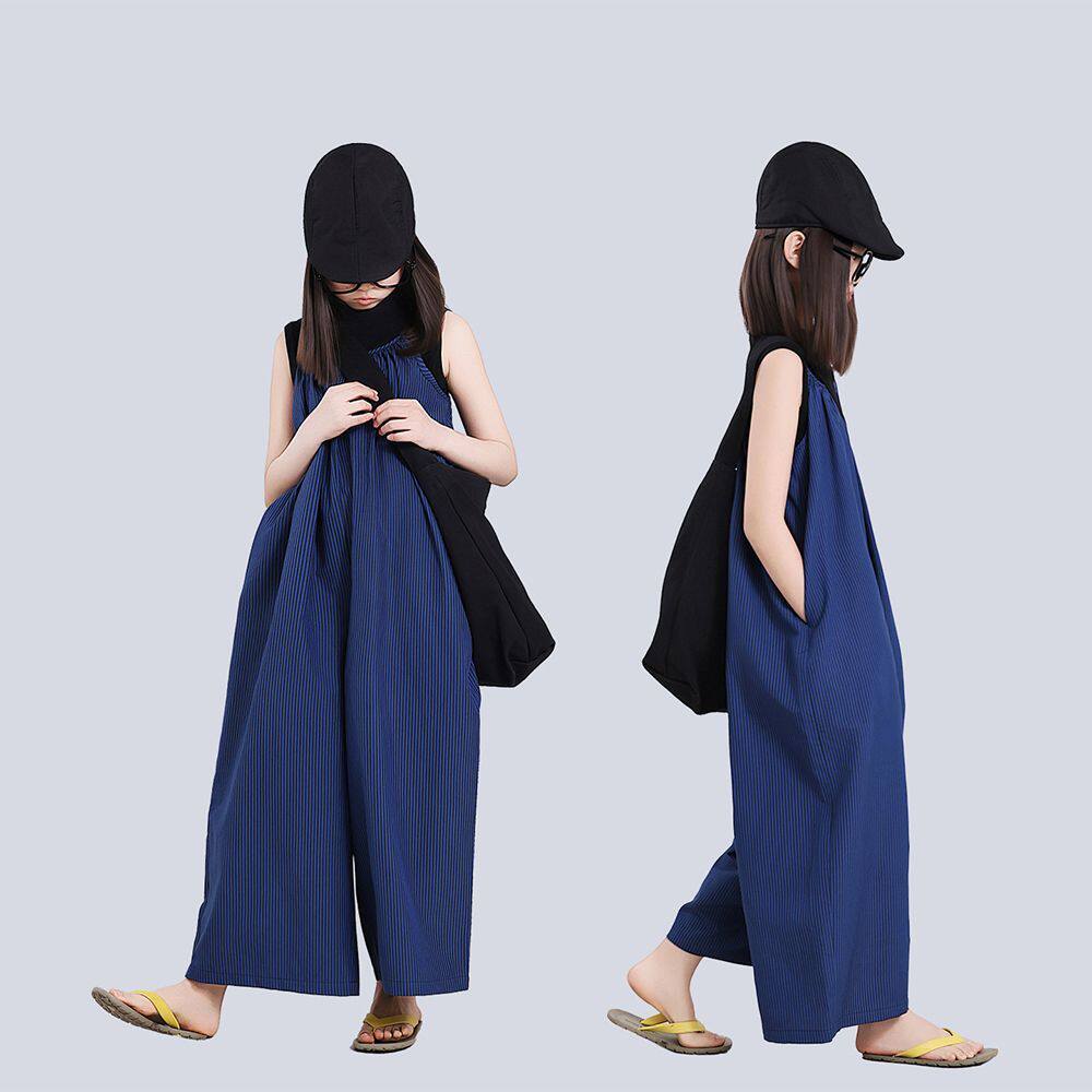 女孩背带裤套装2026夏季新款女童深蓝色气质宽松休闲阔腿连体裤裙
