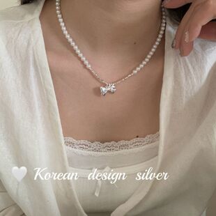 锁骨纯银几两碎银蝴蝶结S925白贝珠韩国戴简约亮银 项链链叠手工