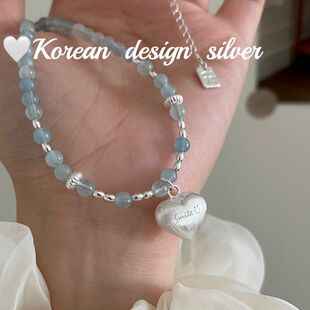 笑脸 韩国爱心春夏纯银项链S925米粒新款海蓝宝手工英文拉丝项链