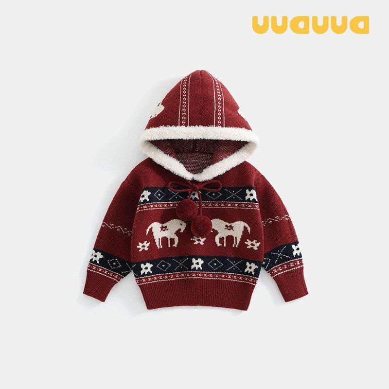 红色加厚新年DU开衫针织衫毛衣